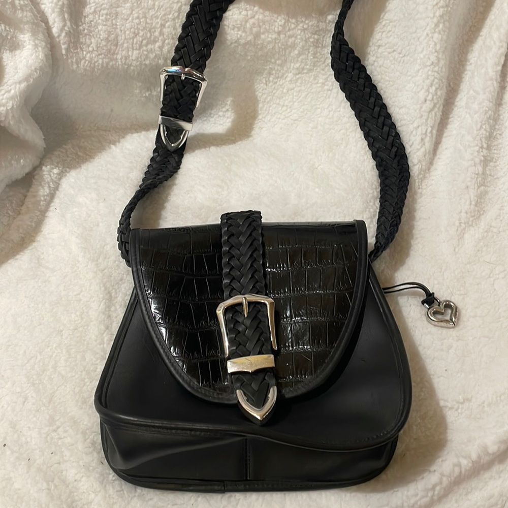 Brighton black leather crossbody bag purse. Crocodile print.
